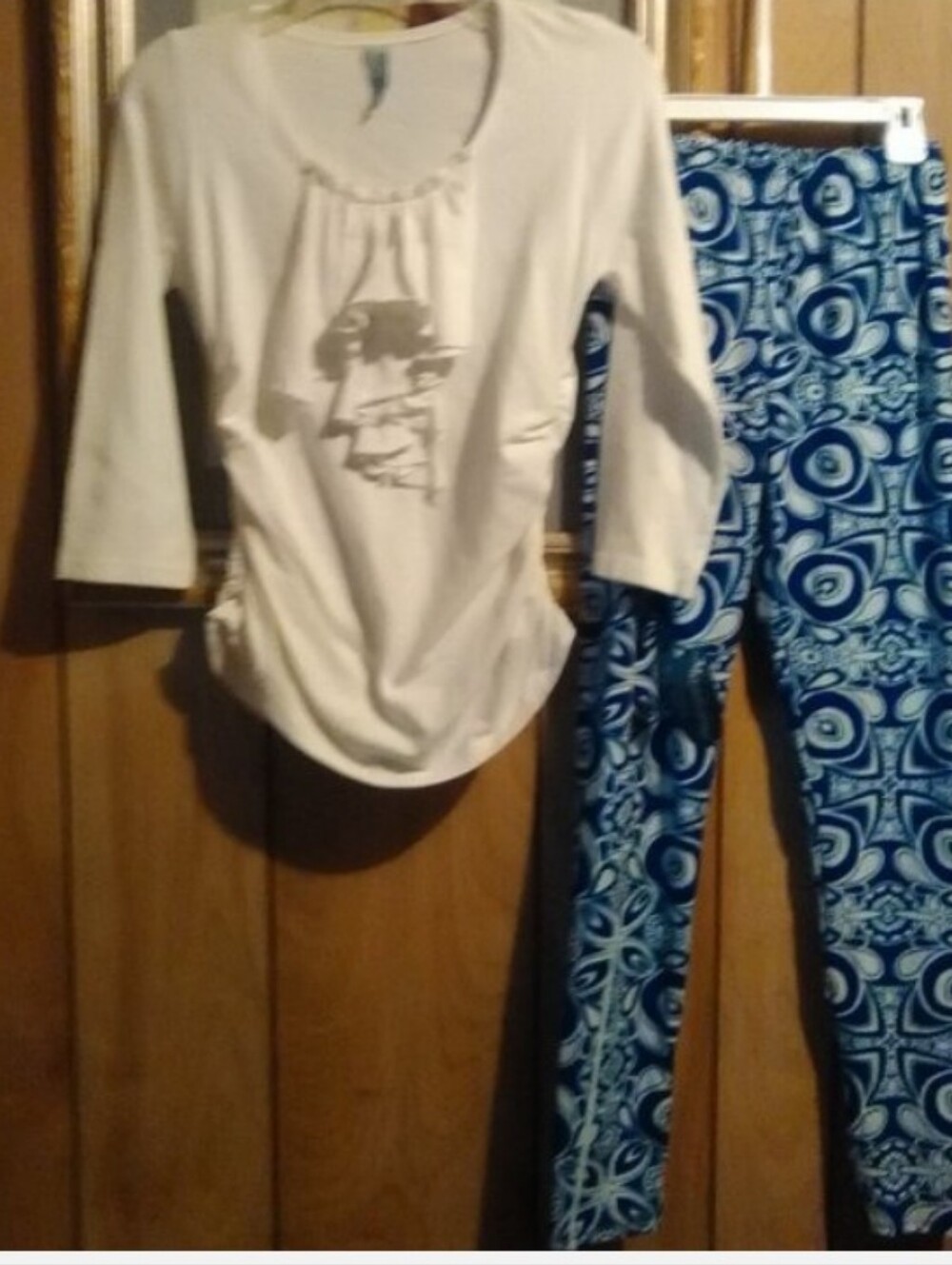 NWOT Magdalena white top.and leggingsBlue Patterned Pants with Cream Top